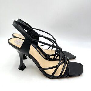 Vince Camuto 9.5 Sanda Black Leather Strappy Flared Heels Dress Sandals Shoes
